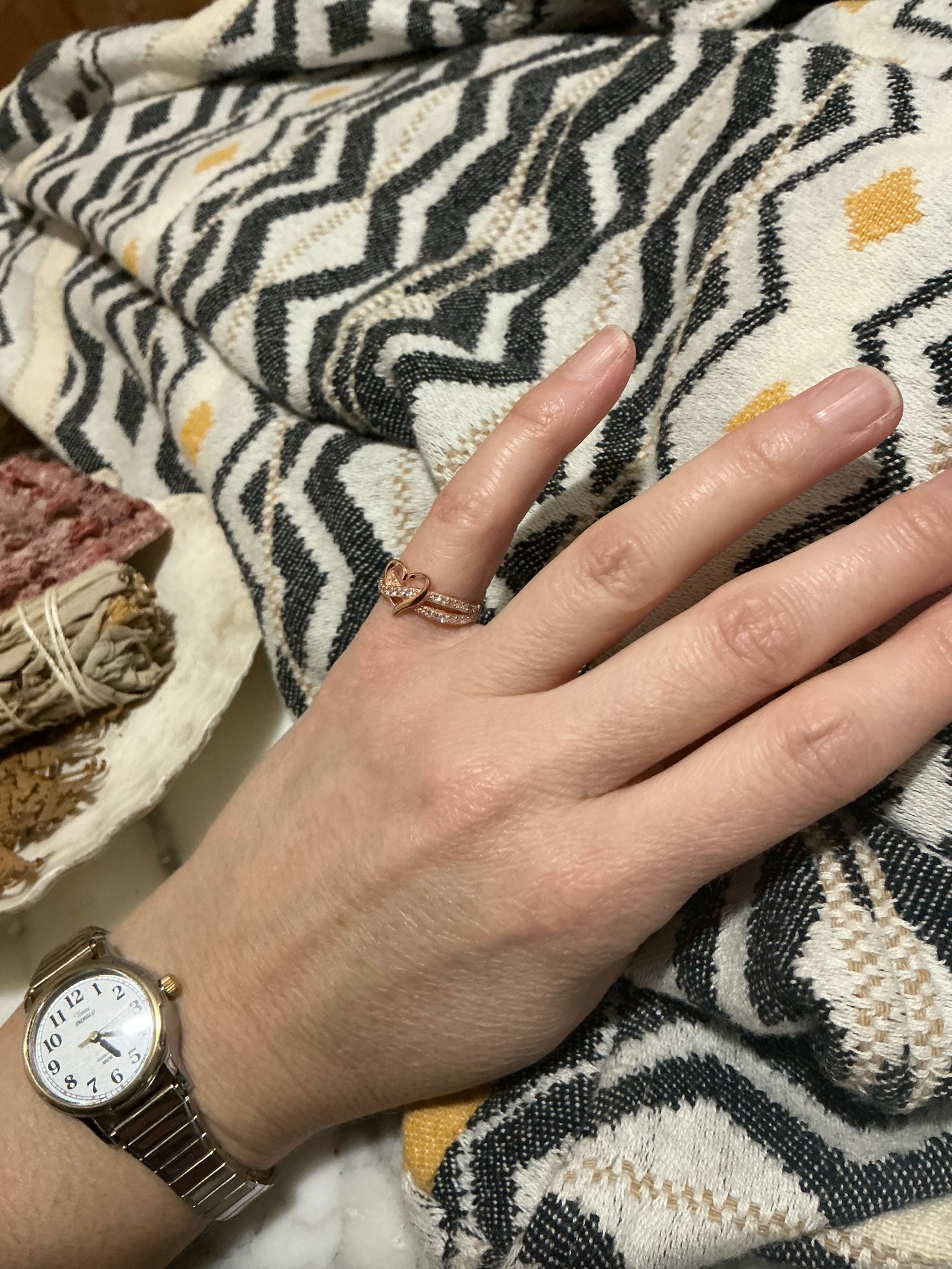 Sterling Silver rose gold plated Double Ring with Heart Sz2