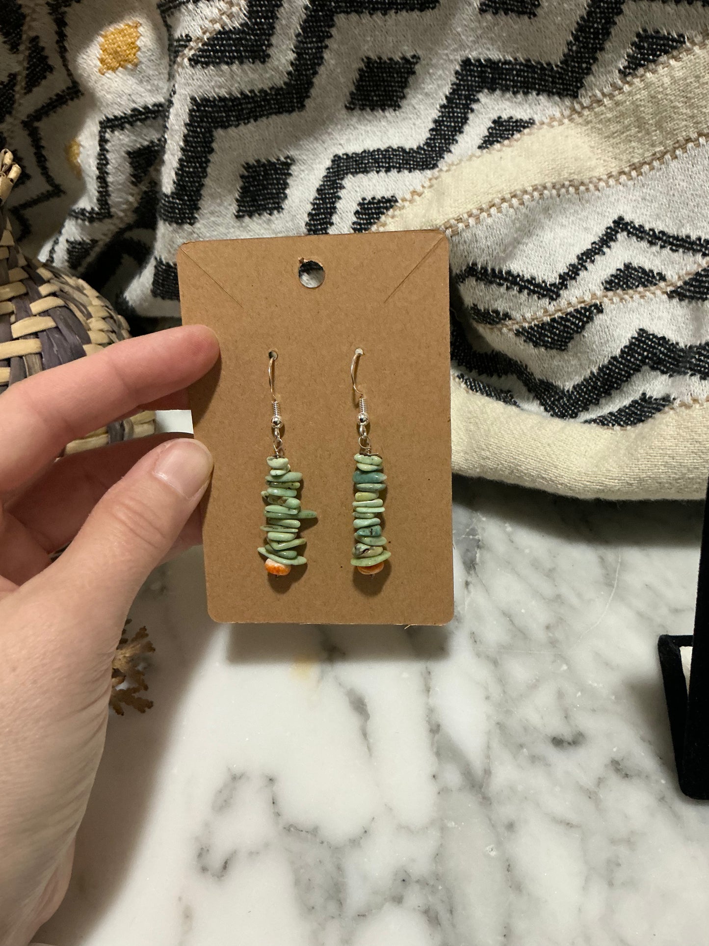 Stacked Patagonia turquoise and spiny oyster shell Dangle Earrings with Sterling Silver french Hooks