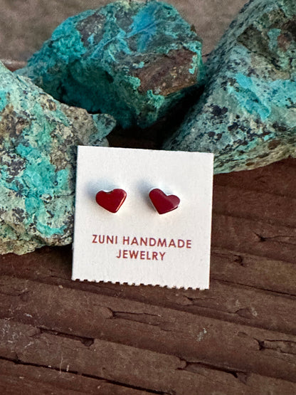 Zuni Coral & Sterling Silver Heart Stud Earrings