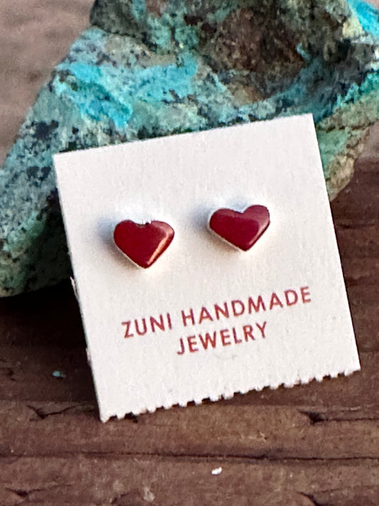 Zuni Coral & Sterling Silver Heart Stud Earrings