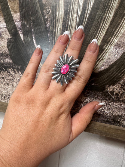 Beautiful Handmade Hot Pink Fire Opal And Sterling Silver Adjustable Ring