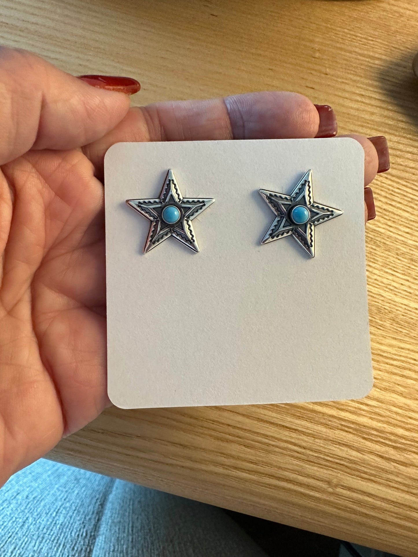 Beautiful Navajo Turquoise & Sterling Silver Star Stud Earrings