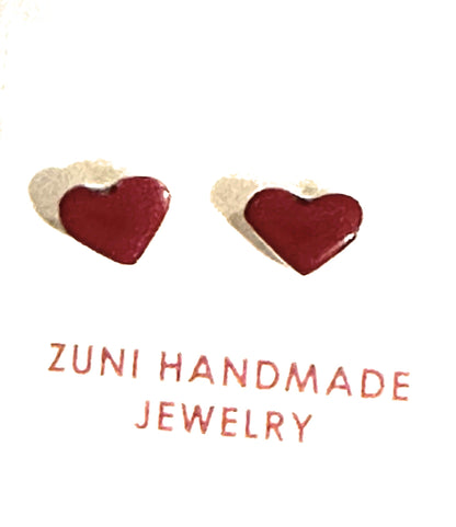 Zuni Coral & Sterling Silver Heart Stud Earrings