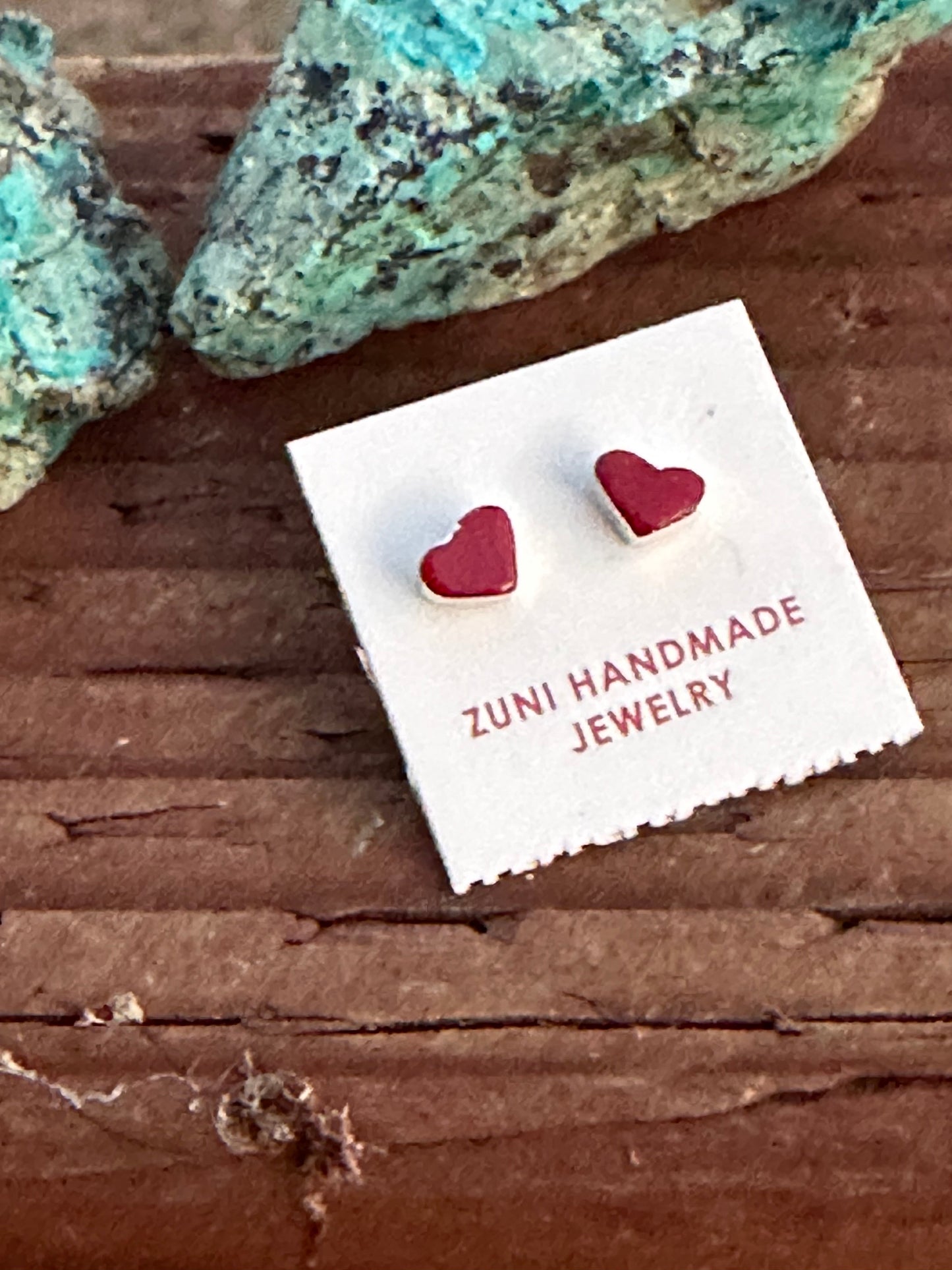 Zuni Coral & Sterling Silver Heart Stud Earrings