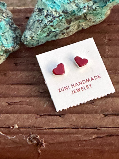 Zuni Coral & Sterling Silver Heart Stud Earrings