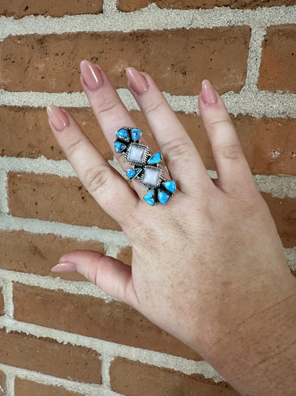 Beautiful Handmade Golden Hills Turquoise, Pink Conch And Sterling Silver Adjustable Ring