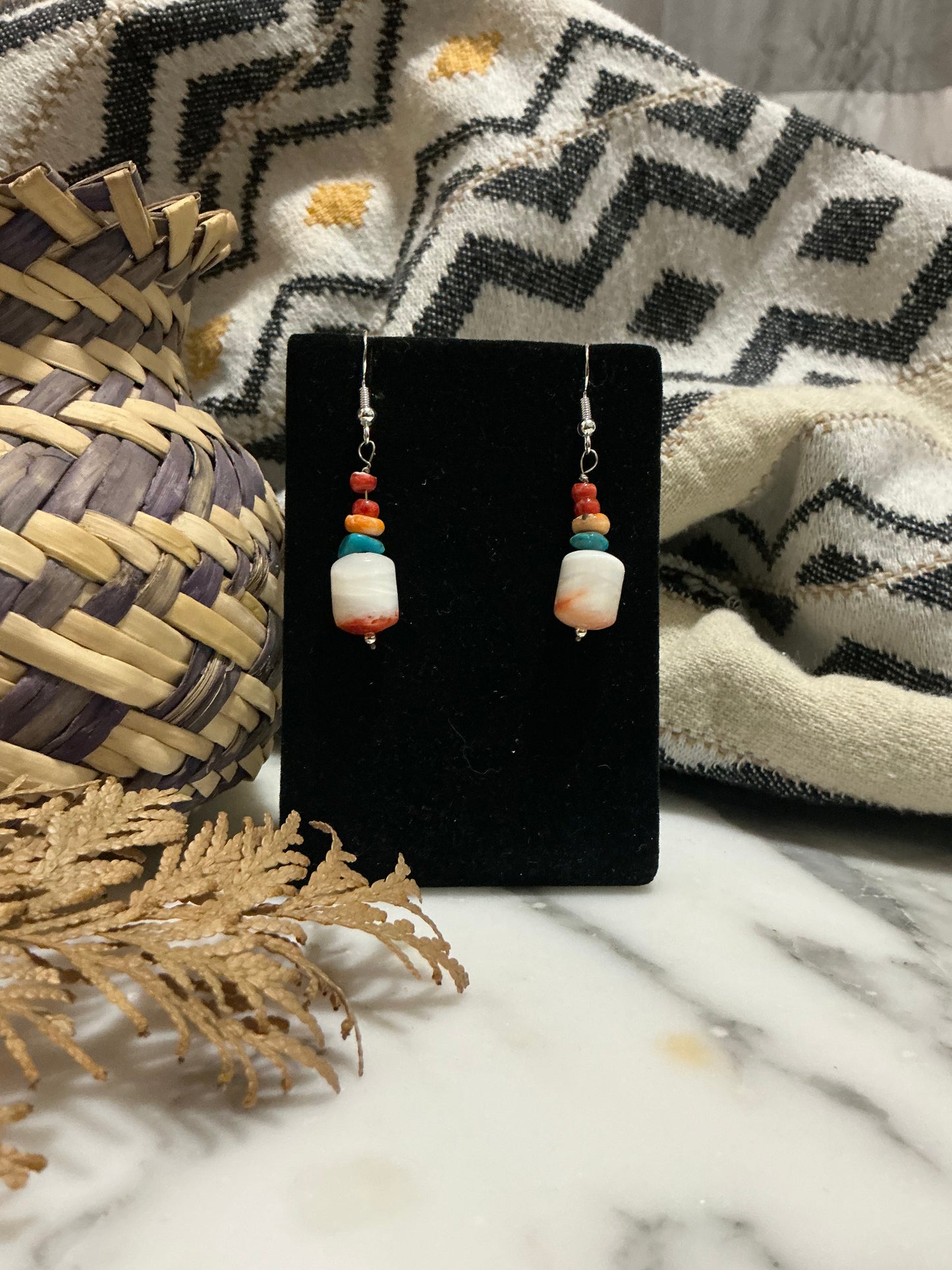 Stacked Spiny Oyster, Turquoise, and Wampum French Hook earrings