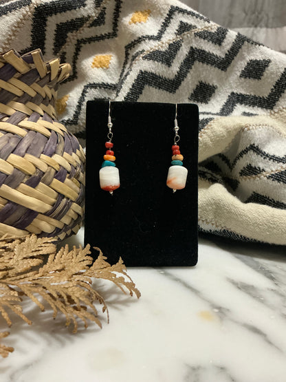 Stacked Spiny Oyster, Turquoise, and Wampum French Hook earrings
