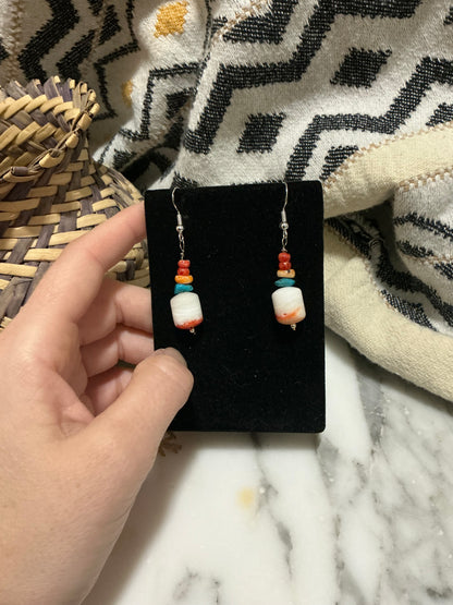 Stacked Spiny Oyster, Turquoise, and Wampum French Hook earrings
