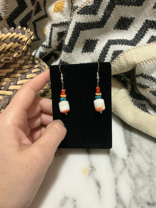 Stacked Spiny Oyster, Turquoise, and Wampum French Hook earrings