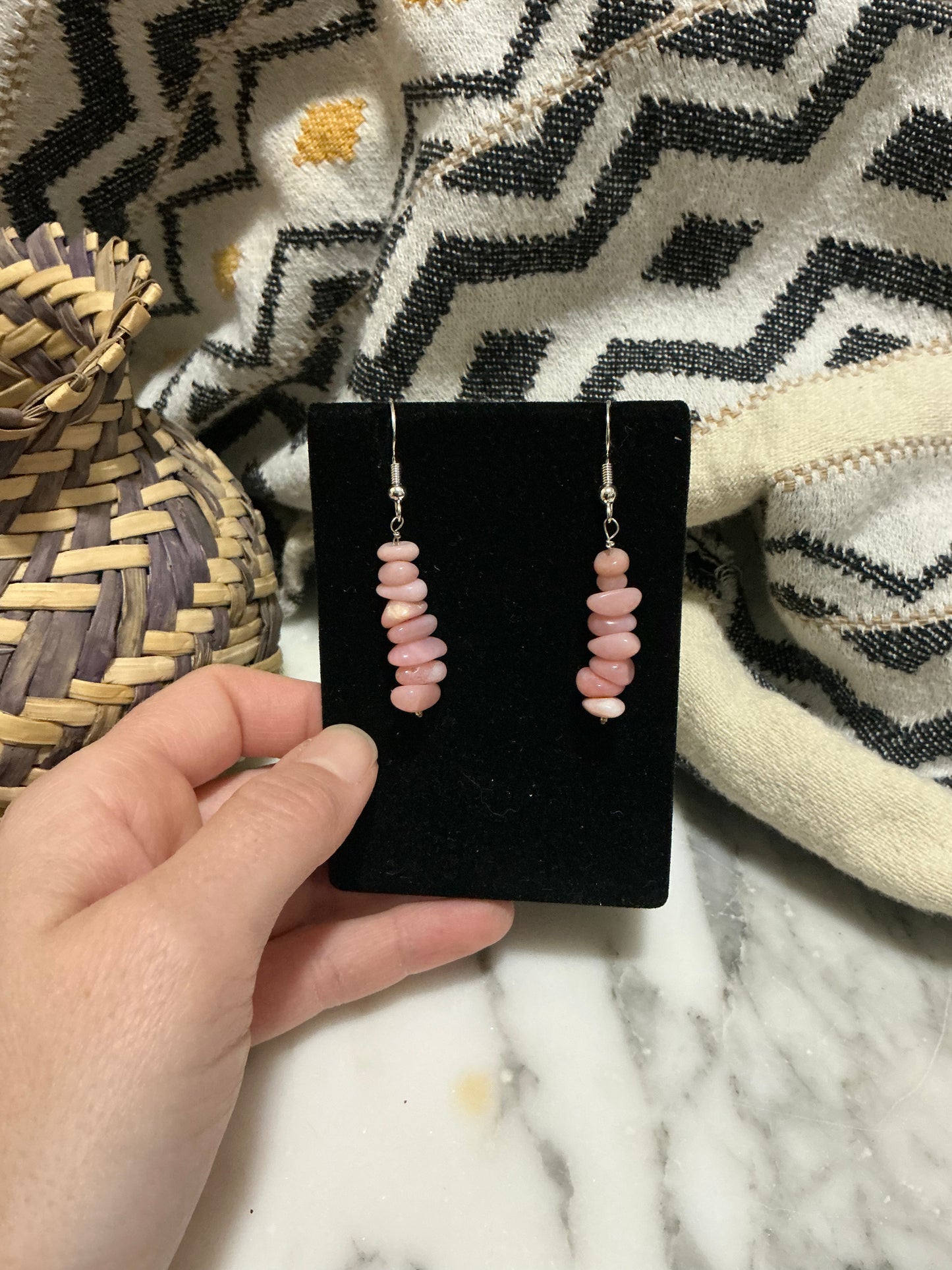 Stacked Rose Quartz Dangle Earrings with Sterling Silver Hooks