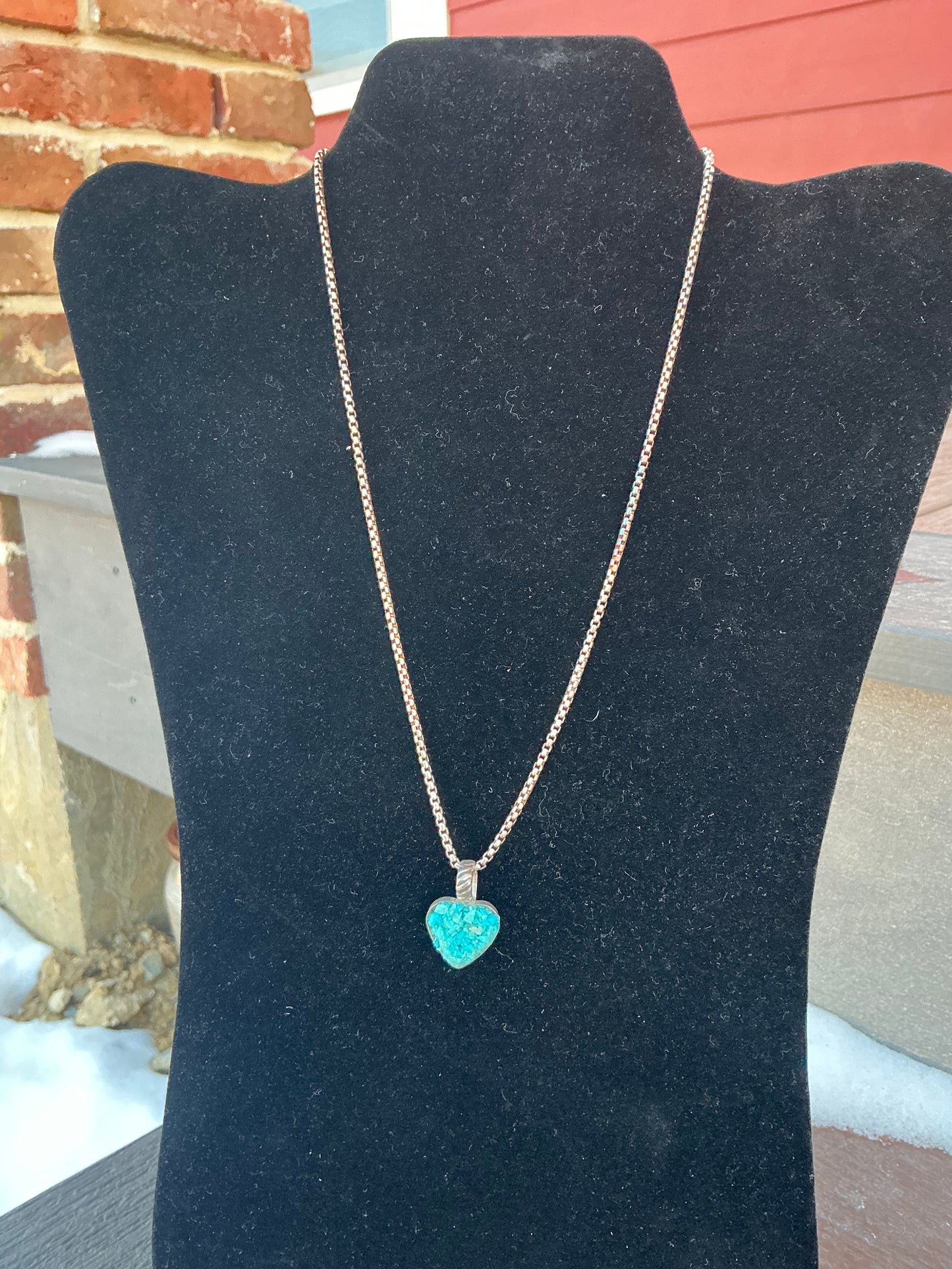 17 inch Sterling Silver Necklace with Crushed Turquoise Heart Pendant