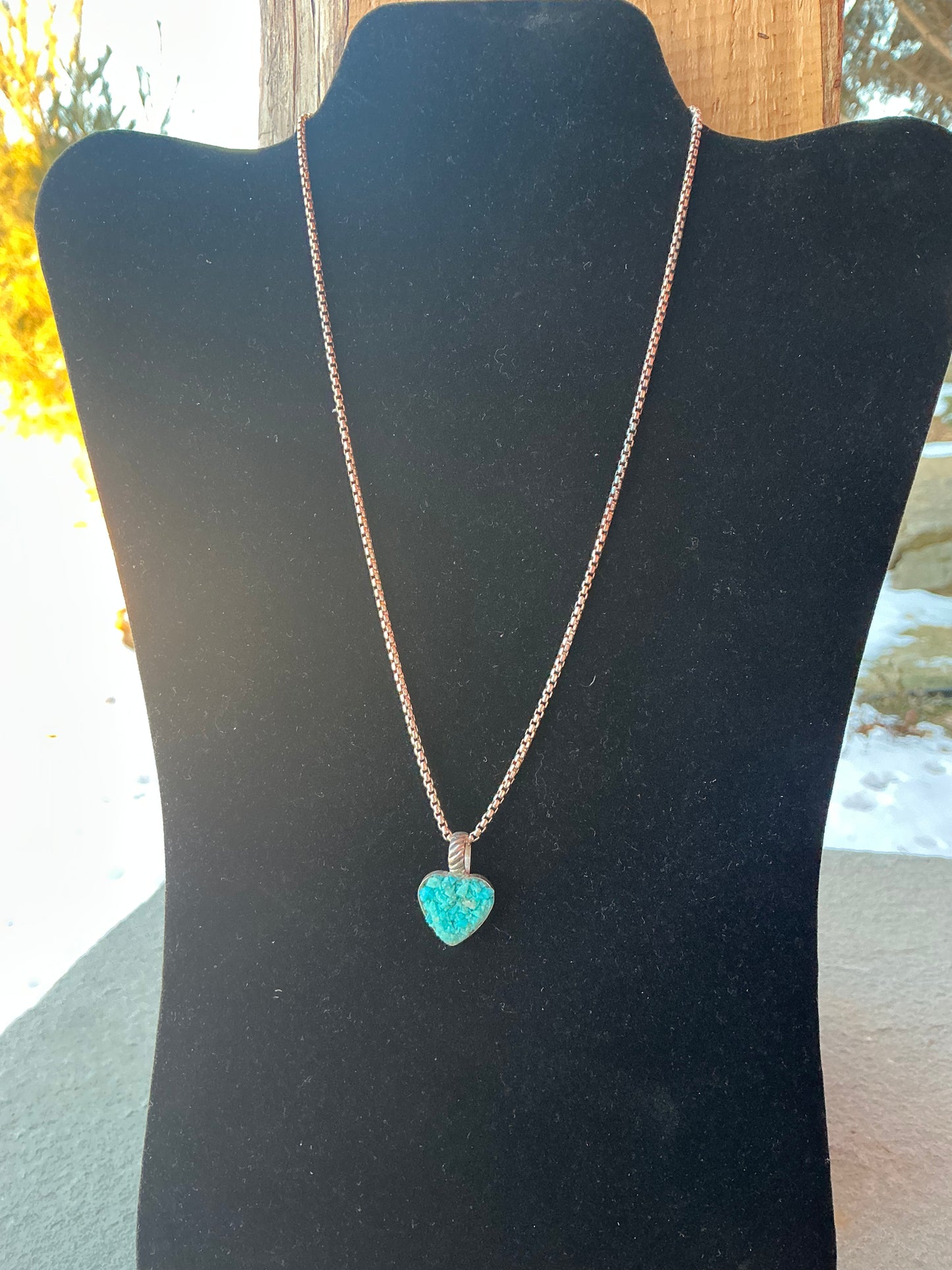 17 inch Sterling Silver Necklace with Crushed Turquoise Heart Pendant