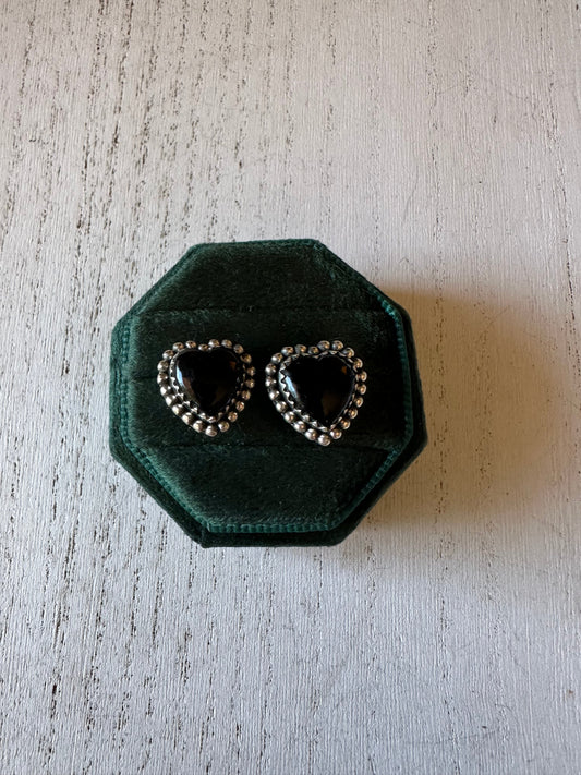 Handmade Black Onyx and Sterling Silver Heart Earrings Signed Nizhoni