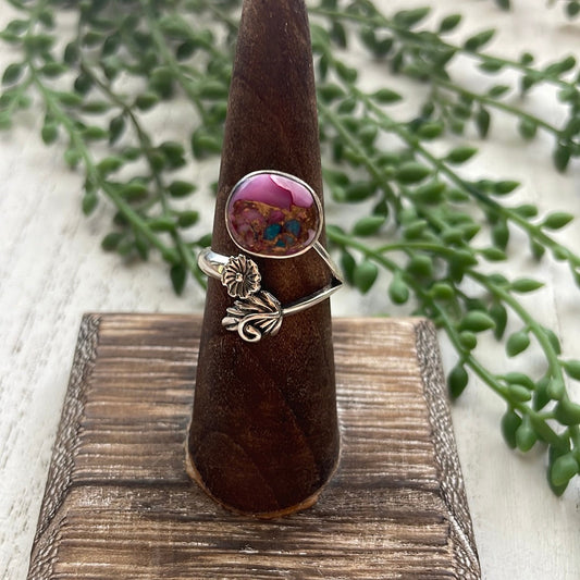 Beautiful Navajo Sterling Silver Pink Dream Adjustable Flower & Leaf Ring