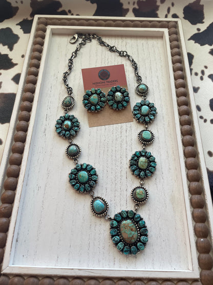 B Yellowstone Navajo Sterling Silver Turquoise Necklace & Earring Set Signed