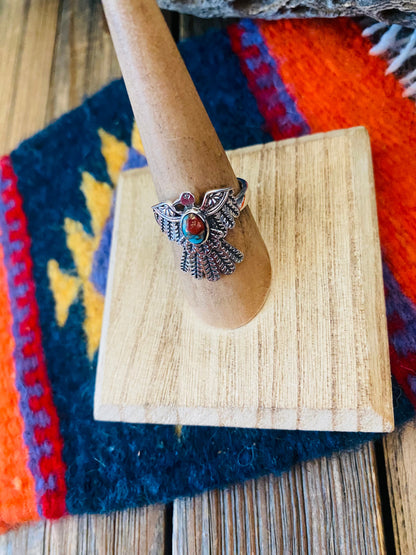 Handmade Pink Dream Mojave And Sterling Silver Thunderbird Adjustable Ring