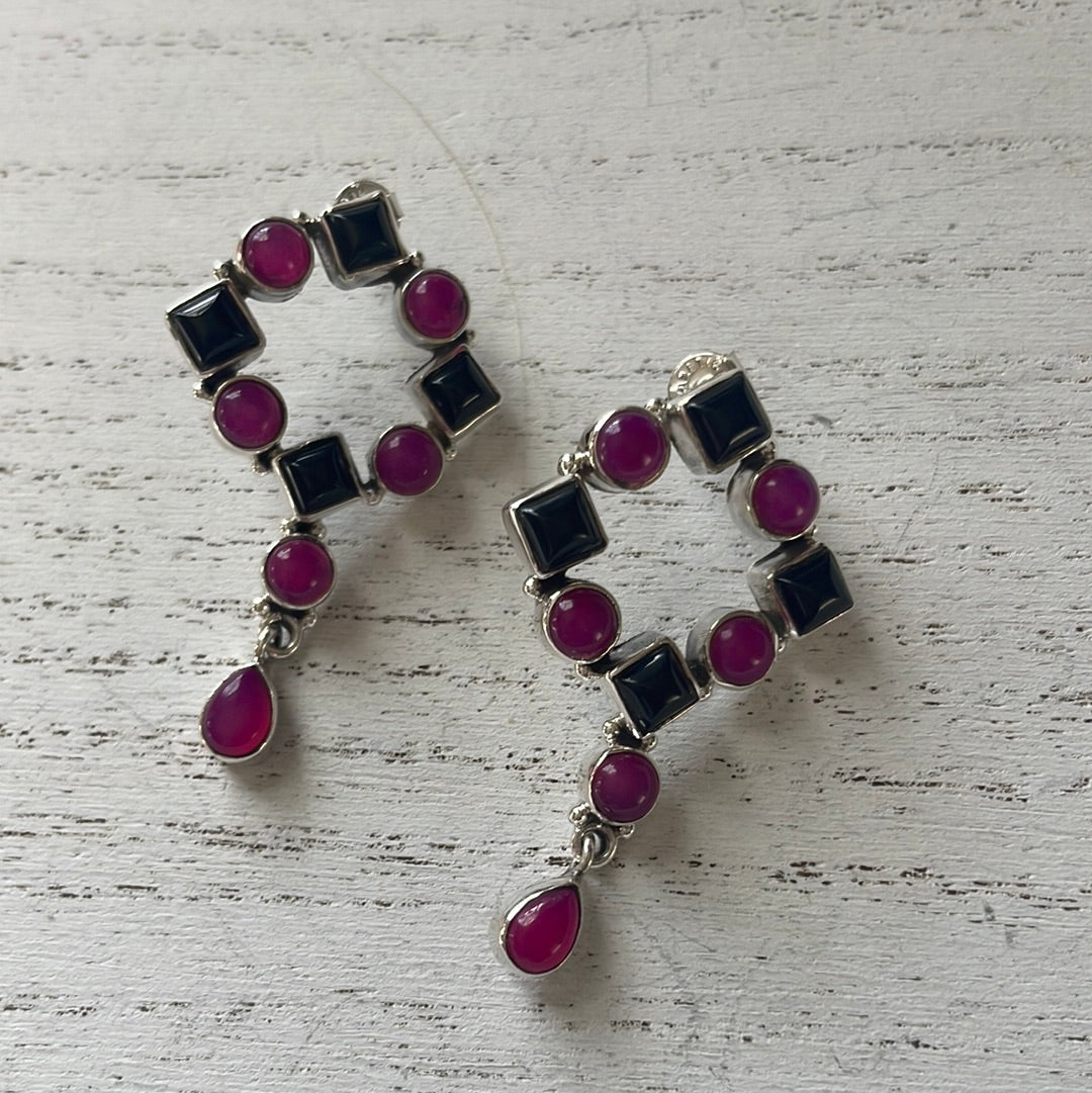 Beautiful Handmade Pink & Black Onyx & Sterling Silver Post Earrings Signed Nizhoni