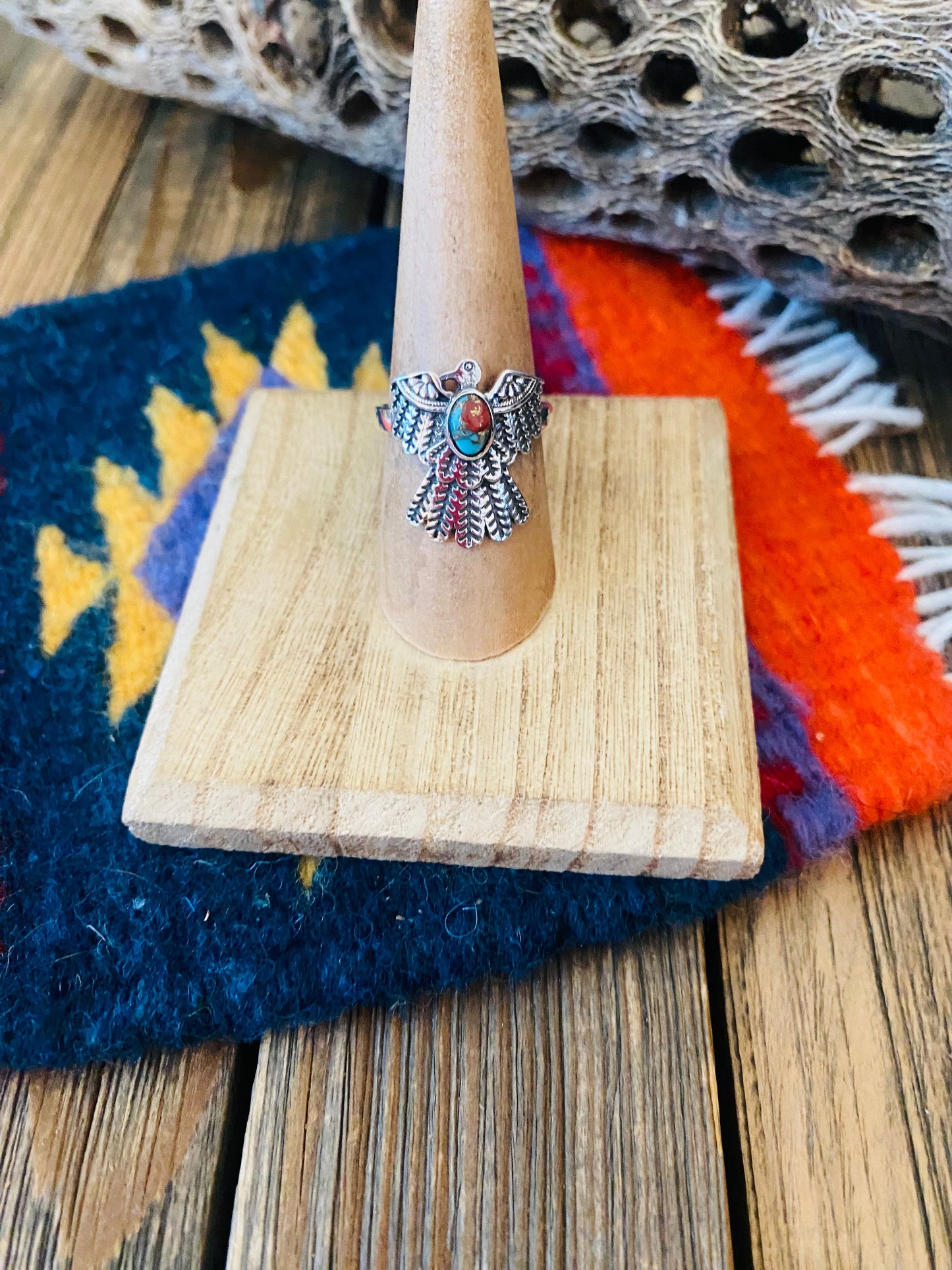 Handmade Pink Dream Mojave And Sterling Silver Thunderbird Adjustable Ring