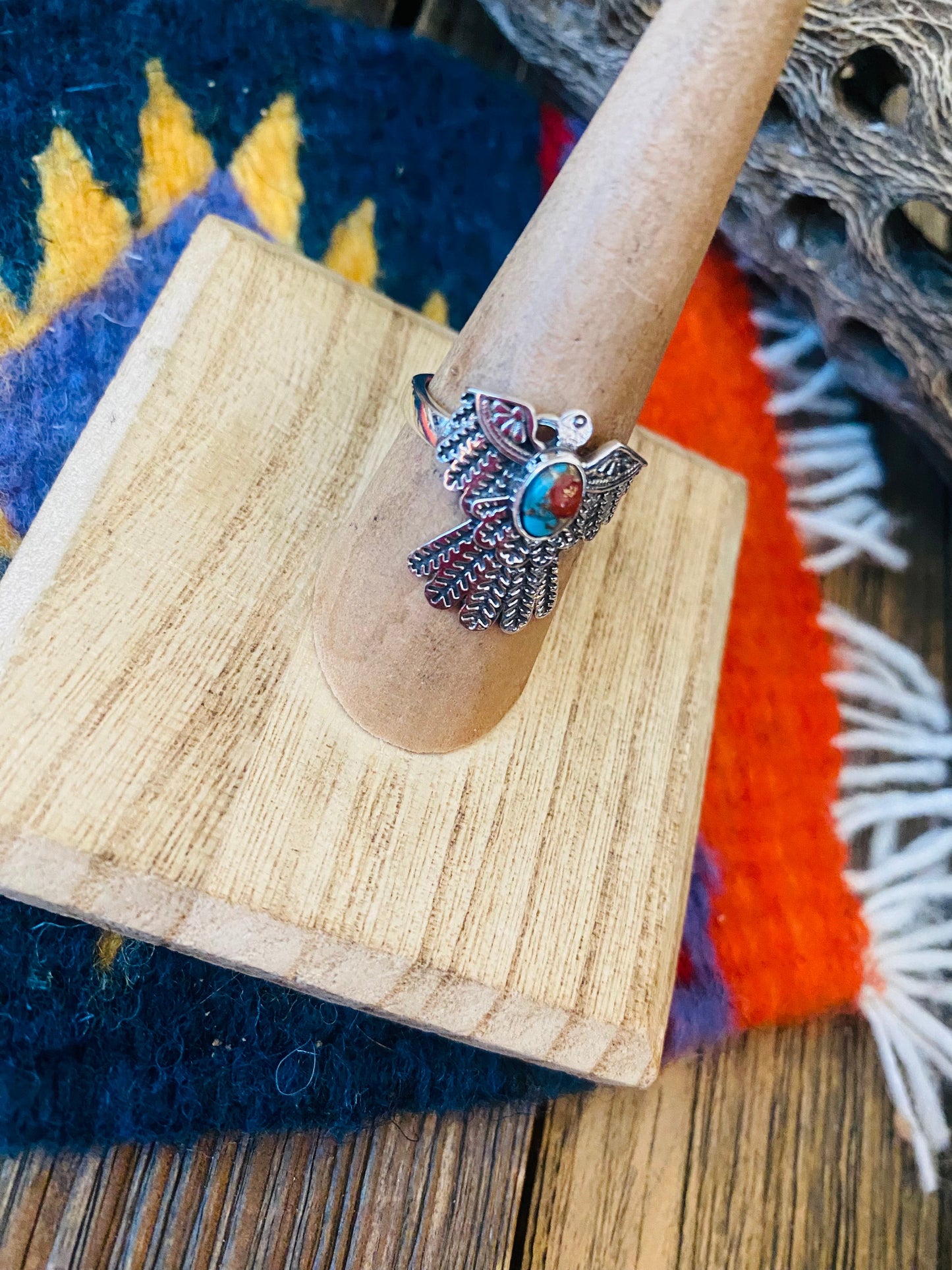 Handmade Pink Dream Mojave And Sterling Silver Thunderbird Adjustable Ring