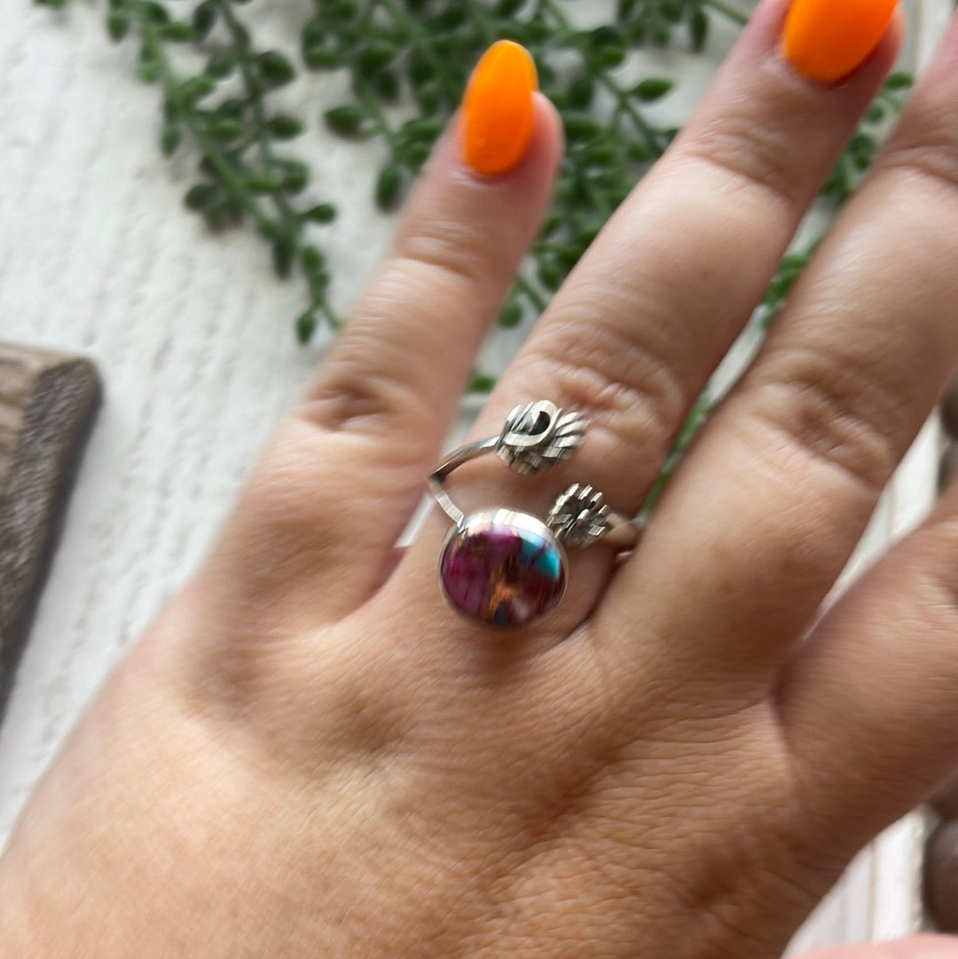 Beautiful Navajo Sterling Silver Pink Dream Adjustable Flower & Leaf Ring