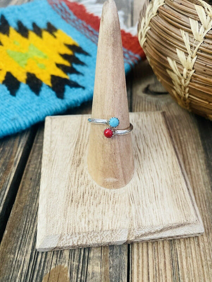 Navajo Sterling Silver, Coral & Turquoise Adjustable Ring