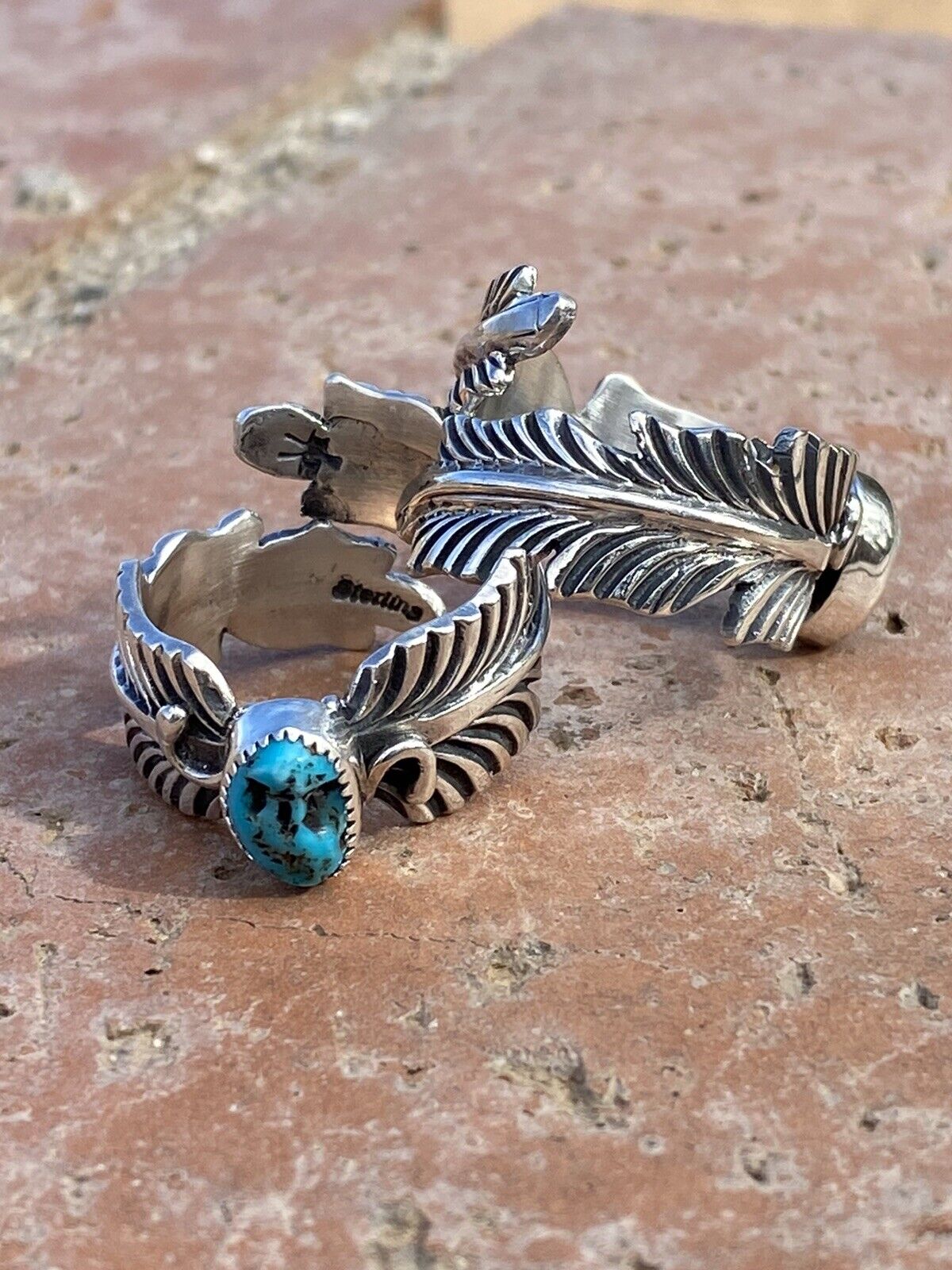 Gorgeous Navajo Feather Turquoise And Sterling Silver Adjustable Ring