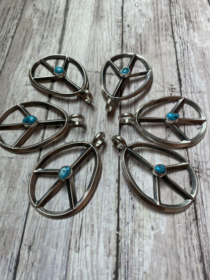 Navajo Sterling Silver & Kingman Turquoise Peace Sign Pendant Signed