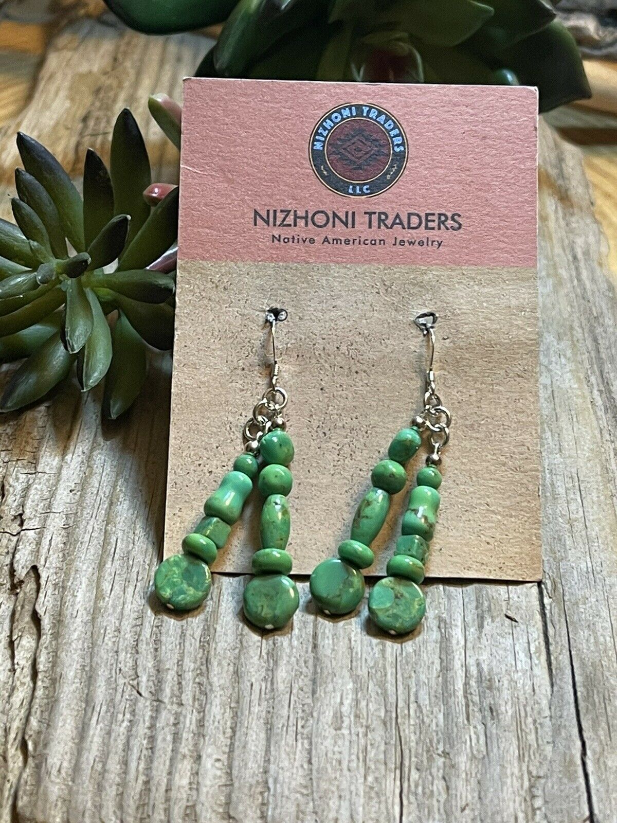 Beautiful Navajo Sterling Dyed Green Kingman Turquoise Multi Bead Earrings