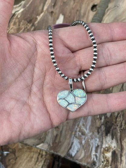 Zuni Iridescent White Opal & Sterling Silver Heart Pendant