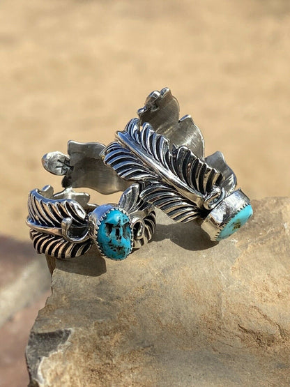 Gorgeous Navajo Feather Turquoise And Sterling Silver Adjustable Ring