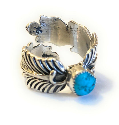 Gorgeous Navajo Feather Turquoise And Sterling Silver Adjustable Ring