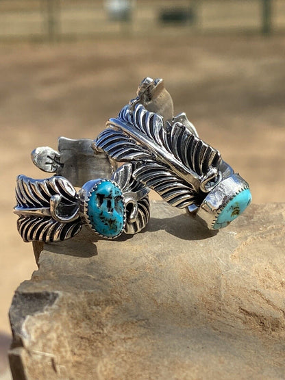 Gorgeous Navajo Feather Turquoise And Sterling Silver Adjustable Ring