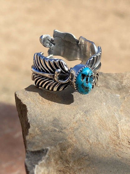 Gorgeous Navajo Feather Turquoise And Sterling Silver Adjustable Ring