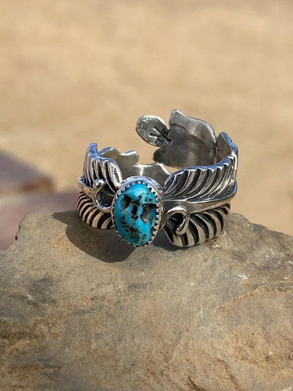 Gorgeous Navajo Feather Turquoise And Sterling Silver Adjustable Ring