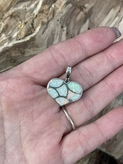 Zuni Iridescent White Opal & Sterling Silver Heart Pendant