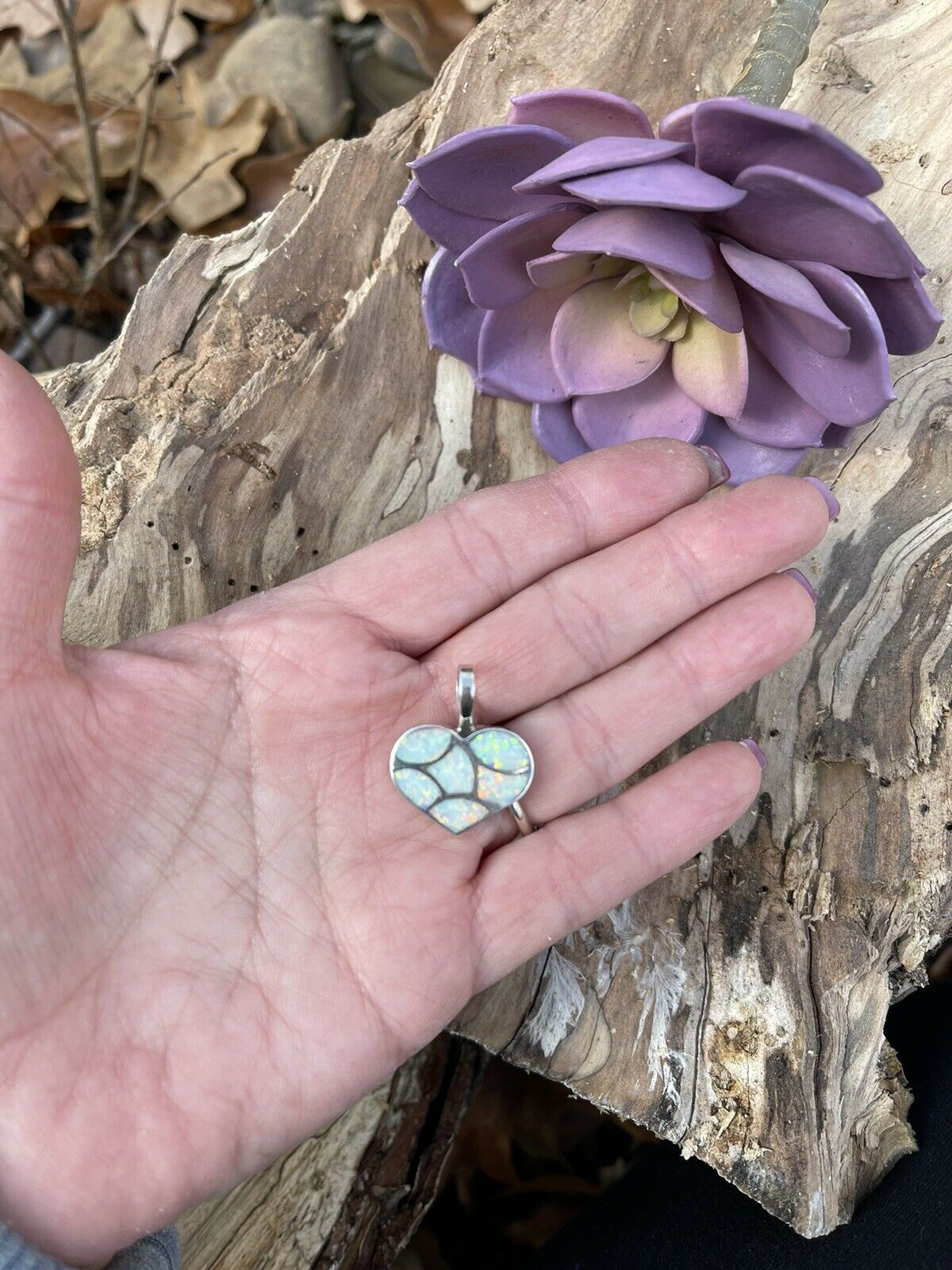 Zuni Iridescent White Opal & Sterling Silver Heart Pendant