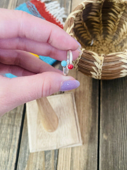 Navajo Sterling Silver, Coral & Turquoise Adjustable Ring