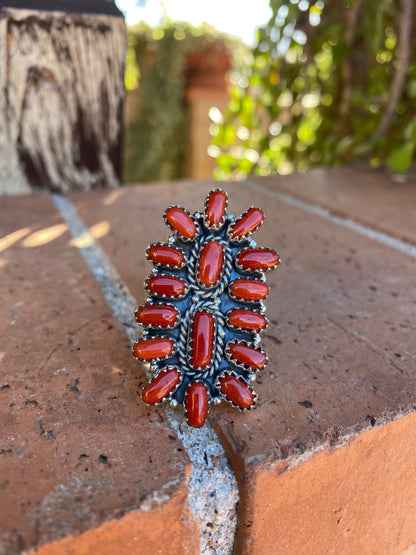 Handmade Sterling Silver And Coral Adjustable Cluster Ring