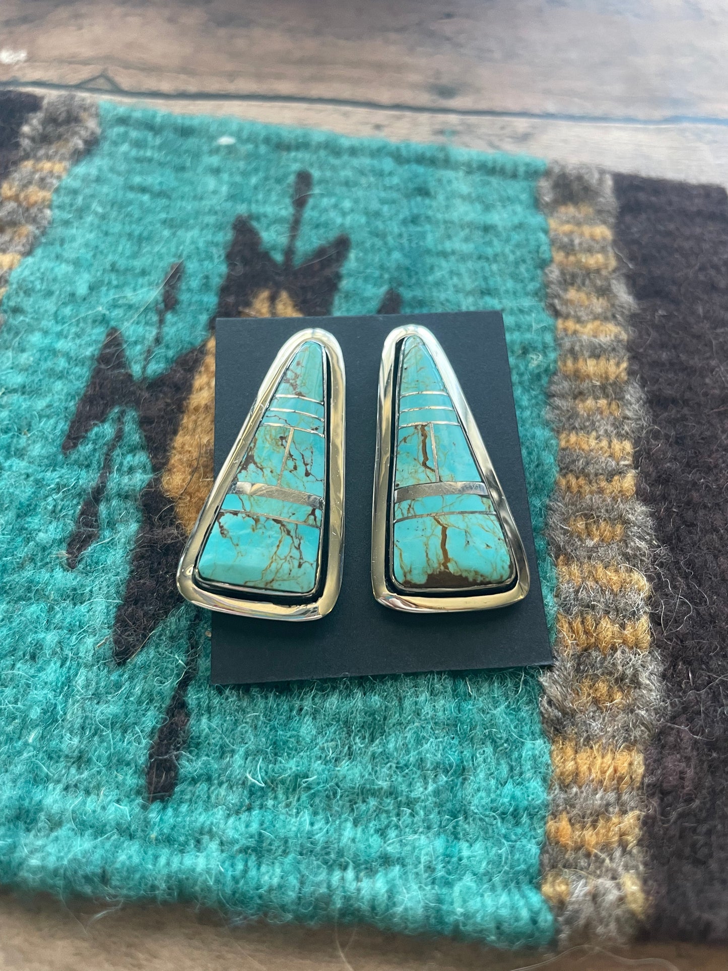 Number 8 Turquoise Inlay & Sterling Silver Triangle Post Earrings