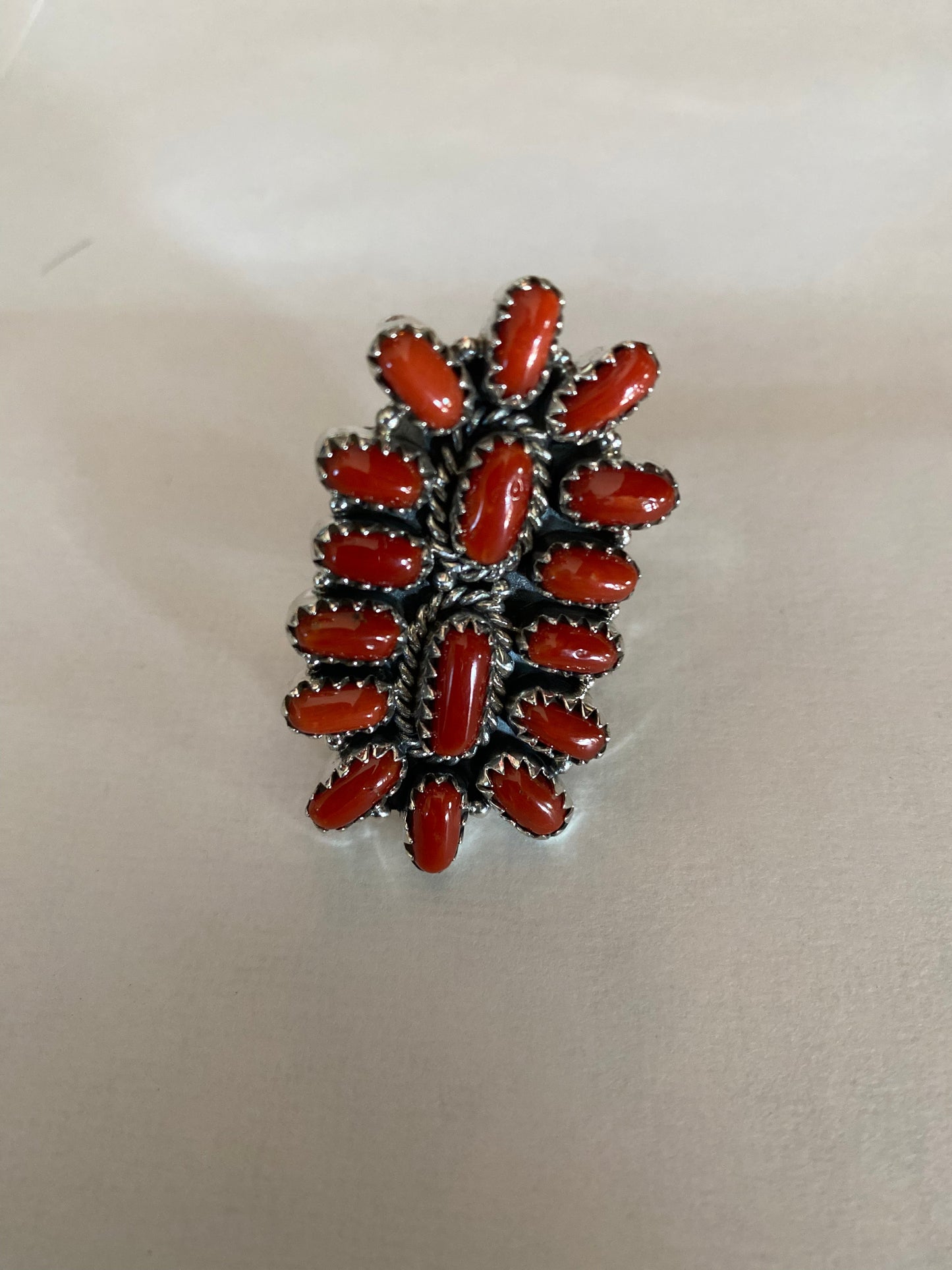 Handmade Sterling Silver And Coral Adjustable Cluster Ring