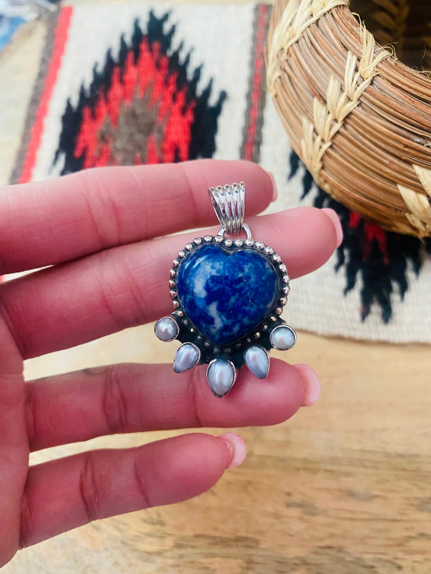 Denim Lapis & Pearl Heart Pendant