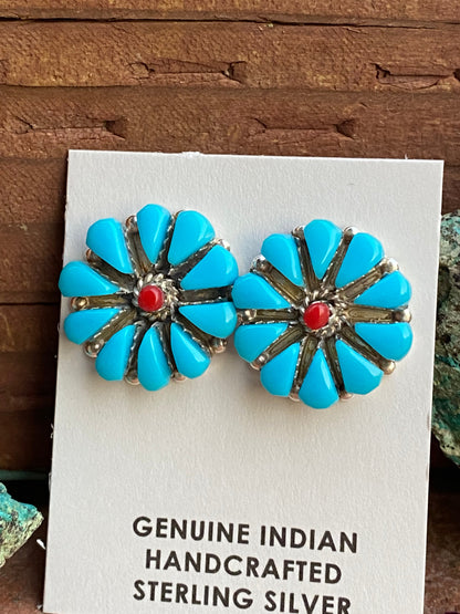 Zuni Turquoise & Coral Sterling Silver Cluster Stud Earrings Signed