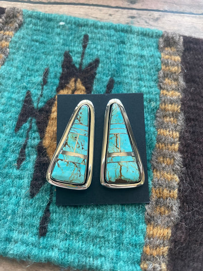 Number 8 Turquoise Inlay & Sterling Silver Triangle Post Earrings