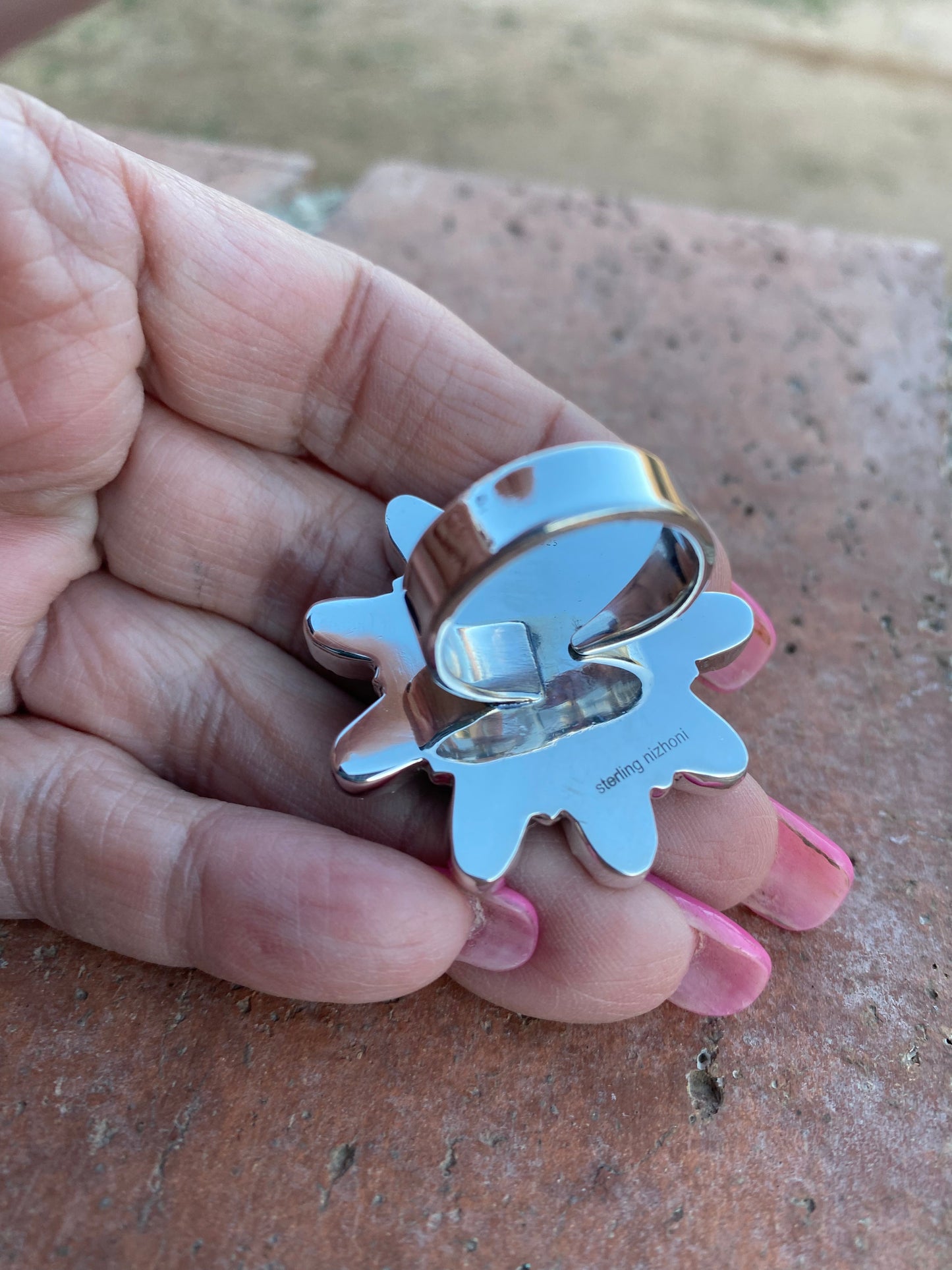 Adjustable Pink Opal & Royston Turquoise Sterling Silver Flower Ring