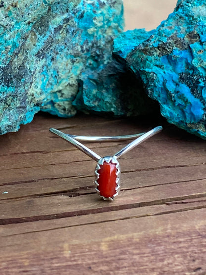 Navajo Natural Coral & Sterling Silver V Ring