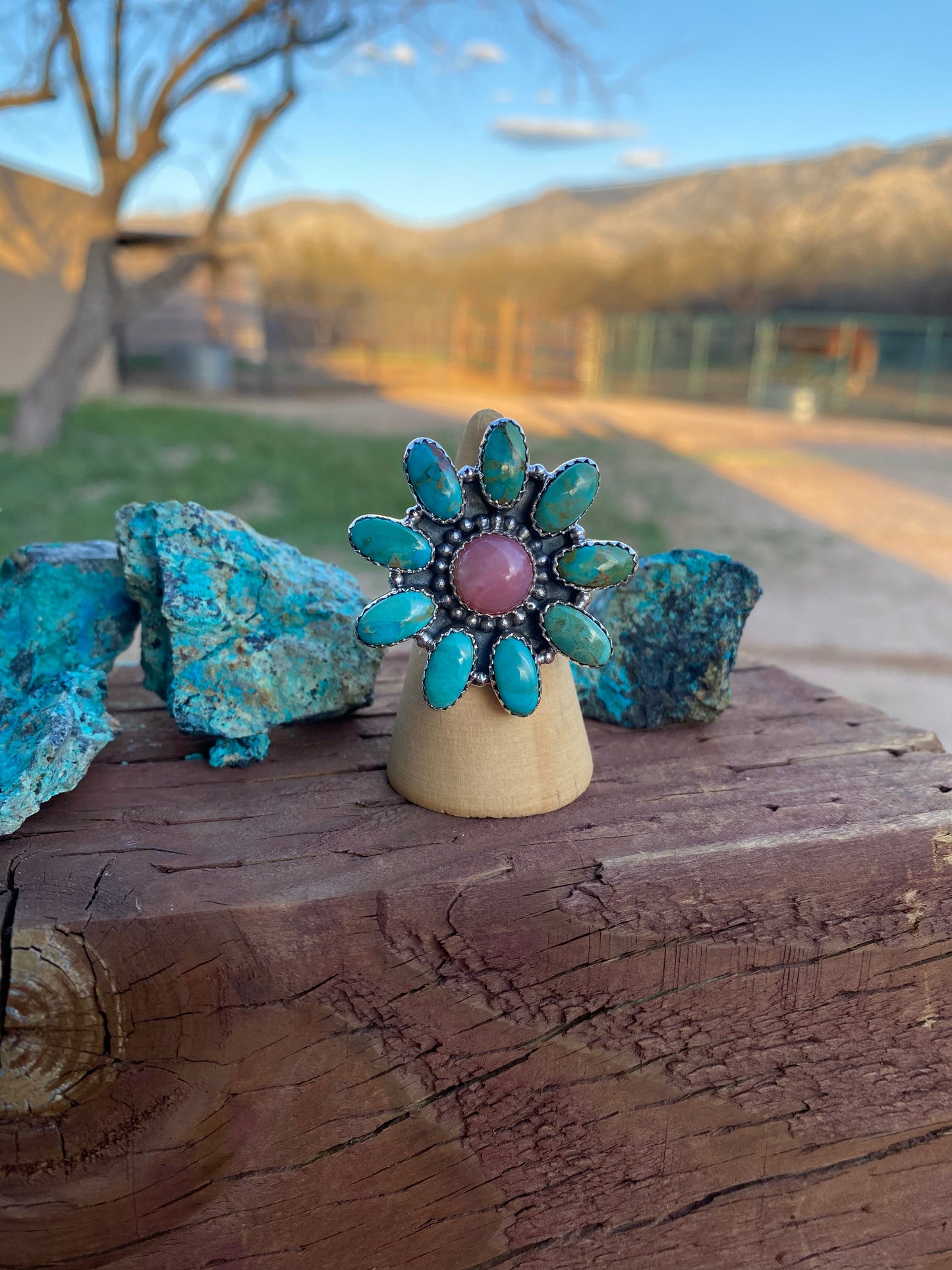 Adjustable Pink Opal & Royston Turquoise Sterling Silver Flower Ring