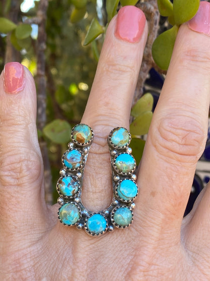 Handmade Horseshoe Sterling Silver & Natural Royston Turquoise Cluster Ring