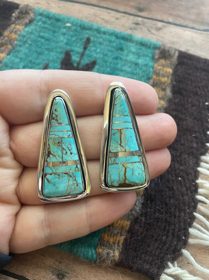 Number 8 Turquoise Inlay & Sterling Silver Triangle Post Earrings