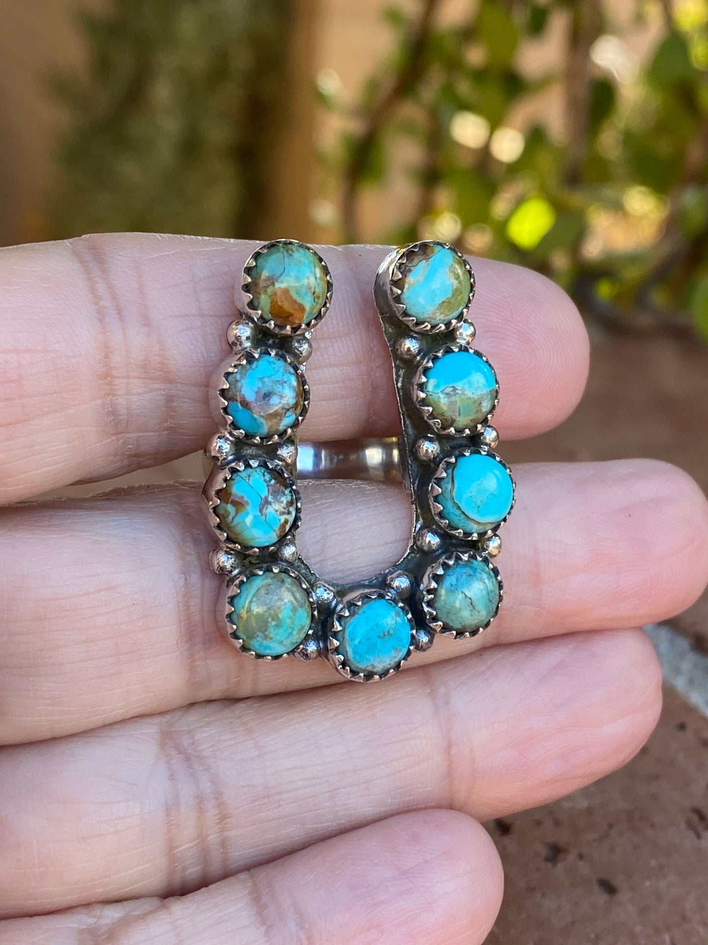 Handmade Horseshoe Sterling Silver & Natural Royston Turquoise Cluster Ring